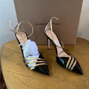Gianvito Rossi Black and Gold Patent Heels 38